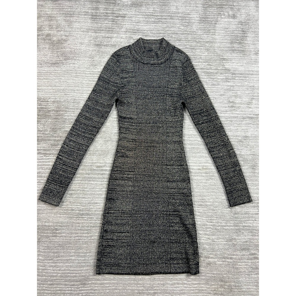 Derek Heart Sweater Dress Women XL Black Silver Metallic Mock Neck Long Sleeve